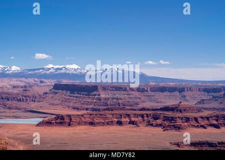 Daytime vista from Deadhorse Point State Park to the La Sal Mountains near Moab, Utah, USA. Stock Photo