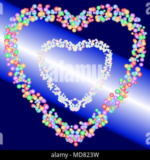 Two heart shape patterns of colorful bubbles on gradient blue and light beam background. Vector illustration. Stock Vector