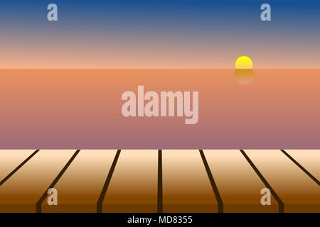 Empty brown tabletop display over the sea with sky, sun and horizon line in dusk / dawn time. Vector illustration, EPS10. Stock Vector