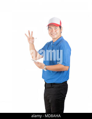 working man with smart phone and writing pen tool in hand toothy smiling face isolate white background Stock Photo