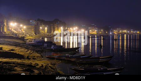 View of Varanasi riverside by night Stock Photo