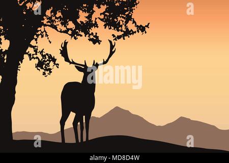 Deer with antler standing under a deciduous tree in a mountain landscape under an orange sky - vector with space for your text Stock Vector