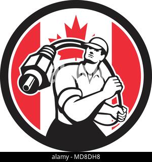 Icon retro style illustration of a Canadian cable installer guy holding RCA plug cable with Canada maple leaf flag set inside circle on isolated backg Stock Vector