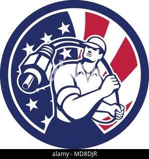 Icon retro style illustration of American cable installer guy holding RCA plug cable with United States of America USA star spangled banner or stars a Stock Vector