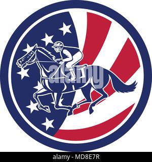 Icon retro style illustration of an American jockey or equestrian horse racing viewed from side with United States of America USA star spangled banner Stock Vector