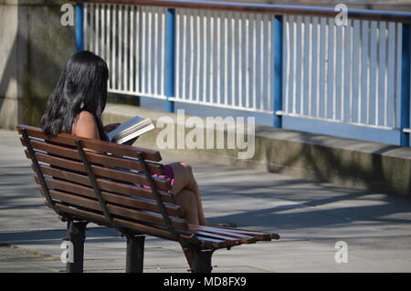 A girl reading a book on a bench at Southbank, London Stock Photo