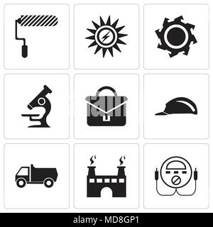 Set Of 9 simple editable icons such as energy check, factory, truck, header, portfolio, microscope, saw blade, Sun Energy, roller Stock Vector
