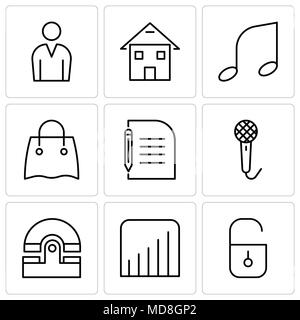 Set Of 9 simple editable icons such as Locked padlock, Coverage level, Old phone, Voice recorder, Piece of paper and pencil, Reusable shopping bag, Musical note, Homepage, Male avatar Stock Vector