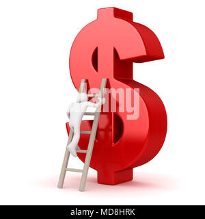 White Man Climbing to Dollar Symbol , This is a 3d rendered computer generated image. Isolated on white. Stock Photo