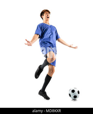 happy asian soccer player celebrating  isolated on white Stock Photo