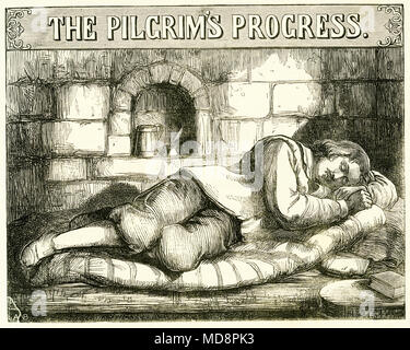 Engraving of the title page for The Pilgrim's Progress by John Bunyan, a classical work of English literature. From an original engraving in The Select Works of John Bunyan, circa 1840. Stock Photo