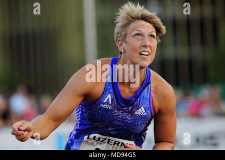 Lucerne, Switzerland. 17th, Jul 2012.  Christina Obergfoll of Germany in action during the Women's Javelin Throw event of the Meeting athletics compet Stock Photo