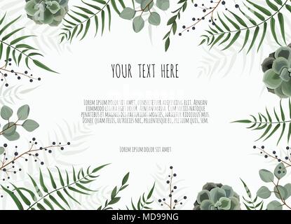 Background with green leaf , eucalyptus branches, decorative wreath frame pattern. Stock Vector