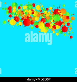 Yellow, red, green artistic vector watercolor paint drops on the turquoise background. Greeting card or invitation template with place for text Stock Vector