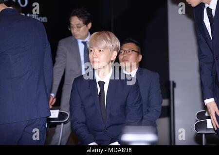 Seoul, Korea. 18th Apr, 2018. Byun Baek-hyun, Suho and Kai attended the issuance ceremony of EXO official commemorative coin at Samseong-dong in Seoul, Korea on 18th April, 2018.(China and Korea Rights Out) Credit: TopPhoto/Alamy Live News Stock Photo