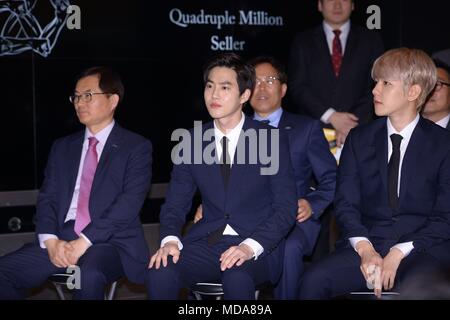 Seoul, Korea. 18th Apr, 2018. Byun Baek-hyun, Suho and Kai attended the issuance ceremony of EXO official commemorative coin at Samseong-dong in Seoul, Korea on 18th April, 2018.(China and Korea Rights Out) Credit: TopPhoto/Alamy Live News Stock Photo