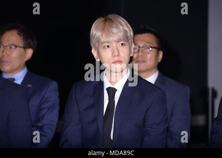 Seoul, Korea. 18th Apr, 2018. Byun Baek-hyun, Suho and Kai attended the issuance ceremony of EXO official commemorative coin at Samseong-dong in Seoul, Korea on 18th April, 2018.(China and Korea Rights Out) Credit: TopPhoto/Alamy Live News Stock Photo