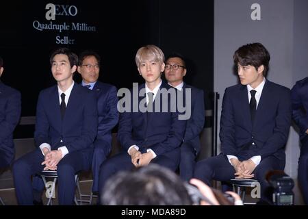 Seoul, Korea. 18th Apr, 2018. Byun Baek-hyun, Suho and Kai attended the issuance ceremony of EXO official commemorative coin at Samseong-dong in Seoul, Korea on 18th April, 2018.(China and Korea Rights Out) Credit: TopPhoto/Alamy Live News Stock Photo