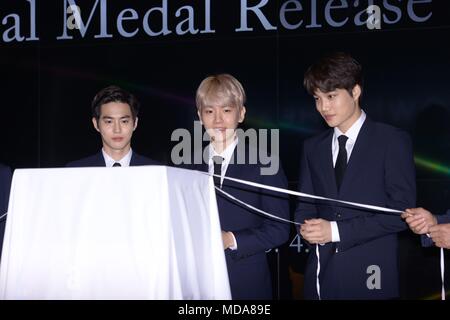 Seoul, Korea. 18th Apr, 2018. Byun Baek-hyun, Suho and Kai attended the issuance ceremony of EXO official commemorative coin at Samseong-dong in Seoul, Korea on 18th April, 2018.(China and Korea Rights Out) Credit: TopPhoto/Alamy Live News Stock Photo