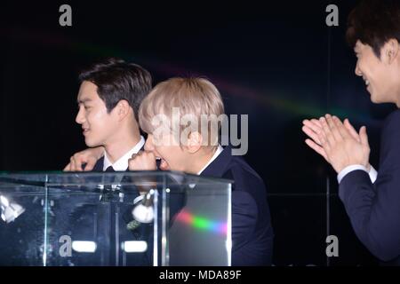 Seoul, Korea. 18th Apr, 2018. Byun Baek-hyun, Suho and Kai attended the issuance ceremony of EXO official commemorative coin at Samseong-dong in Seoul, Korea on 18th April, 2018.(China and Korea Rights Out) Credit: TopPhoto/Alamy Live News Stock Photo