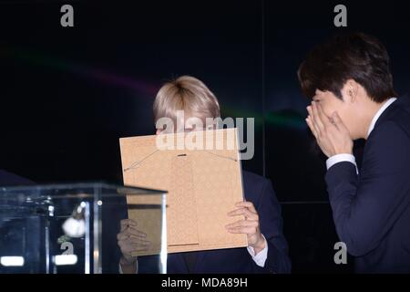 Seoul, Korea. 18th Apr, 2018. Byun Baek-hyun, Suho and Kai attended the issuance ceremony of EXO official commemorative coin at Samseong-dong in Seoul, Korea on 18th April, 2018.(China and Korea Rights Out) Credit: TopPhoto/Alamy Live News Stock Photo