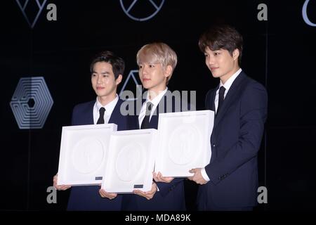 Seoul, Korea. 18th Apr, 2018. Byun Baek-hyun, Suho and Kai attended the issuance ceremony of EXO official commemorative coin at Samseong-dong in Seoul, Korea on 18th April, 2018.(China and Korea Rights Out) Credit: TopPhoto/Alamy Live News Stock Photo