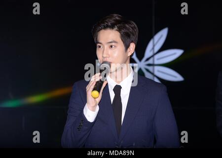 Seoul, Korea. 18th Apr, 2018. Byun Baek-hyun, Suho and Kai attended the issuance ceremony of EXO official commemorative coin at Samseong-dong in Seoul, Korea on 18th April, 2018.(China and Korea Rights Out) Credit: TopPhoto/Alamy Live News Stock Photo