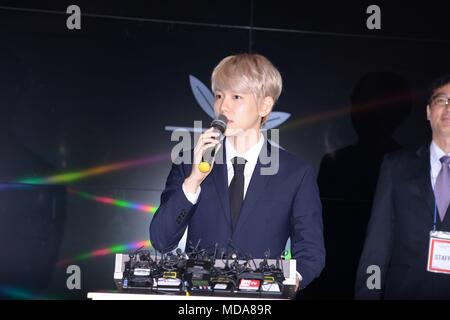 Seoul, Korea. 18th Apr, 2018. Byun Baek-hyun, Suho and Kai attended the issuance ceremony of EXO official commemorative coin at Samseong-dong in Seoul, Korea on 18th April, 2018.(China and Korea Rights Out) Credit: TopPhoto/Alamy Live News Stock Photo