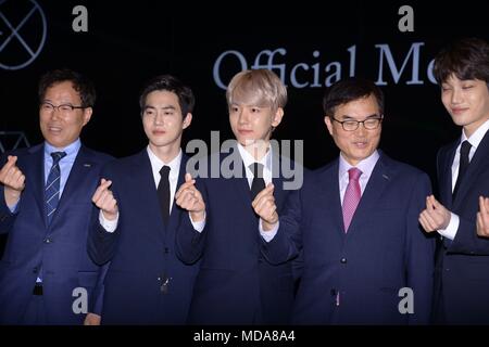 Seoul, Korea. 18th Apr, 2018. Byun Baek-hyun, Suho and Kai attended the issuance ceremony of EXO official commemorative coin at Samseong-dong in Seoul, Korea on 18th April, 2018.(China and Korea Rights Out) Credit: TopPhoto/Alamy Live News Stock Photo