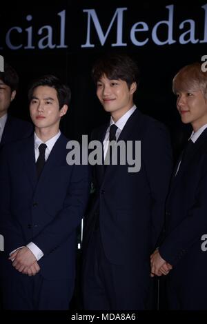 Seoul, Korea. 18th Apr, 2018. Byun Baek-hyun, Suho and Kai attended the issuance ceremony of EXO official commemorative coin at Samseong-dong in Seoul, Korea on 18th April, 2018.(China and Korea Rights Out) Credit: TopPhoto/Alamy Live News Stock Photo