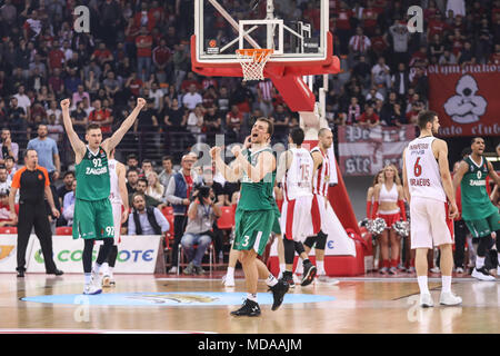 (180419) -- ATHENS, April 19, 2018 (Xinhua) --Kevin Pangos (C) of Zalgiris Kaunas celebrates victory after the first playoff of the basketball Euroleague between Olympiacos Piraeus and Zalgiris Kaunas at the Peace and Friendship Stadium in Athens, Greece, on April 18, 2018. (Xinhua/Lefteris Partsalis) Stock Photo