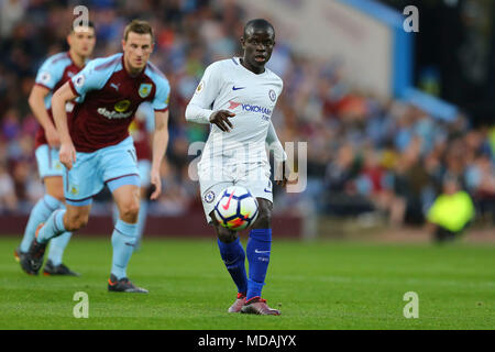 Burnley, UK. 19th April 2018. Ngolo Kante of Chelsea in action. Premier League match, Burnley v Chelsea at Turf Moor in Burnley, Lancashire on Thursday 19th April 2018.  this image may only be used for Editorial purposes. Editorial use only, license required for commercial use. No use in betting, games or a single club/league/player publications. pic by Chris Stading/Andrew Orchard sports photography/Alamy Live news Stock Photo