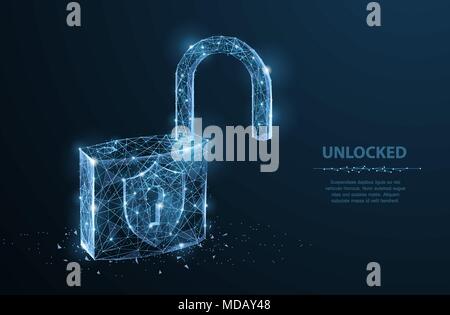 Lock. Polygonal wireframe mesh on dark blue night sky with dots and stars. Concept illustration or background Stock Vector