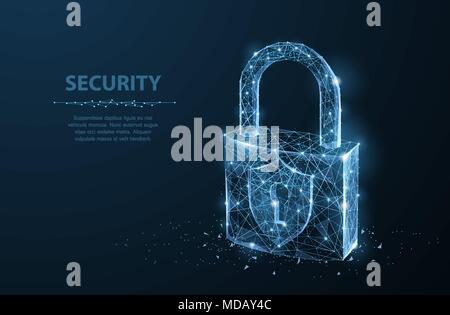 Lock. Polygonal wireframe mesh on dark blue night sky with dots and stars. Concept illustration or background Stock Vector