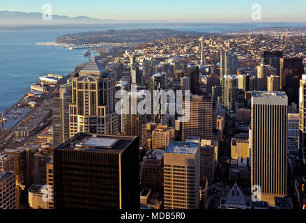 WASHINGTON - View form the Columbia Center Sky High Observatory northwest over the downtown towers, Elliott Bay, Puget Sound and the Olympics. Stock Photo