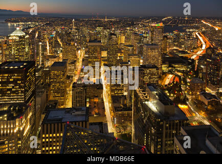 WA15300-00...WASHINGTON - View of downtown Seattle at dusk from the Sky View Observatory on the 73rd floor of the Columbia Center building 2012 Stock Photo