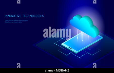 Cloud computing online storage isometric smartphone. Big data information future modern internet business technology. Blue glowing global file exchange available background vector illustration Stock Vector