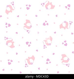 cute baby elephants seamless pattern with hearts on white background, design for baby girl Stock Vector
