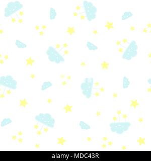 cute seamless pattern with smiling clouds and stars on white background. design for baby and children Stock Vector