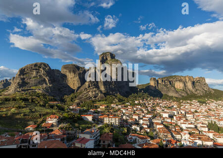 View of Meteora rock formation and city of Kalabaka in central Greece Stock Photo