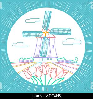 traditional Holland dutch scenery with one typical windmill and tulips, Netherlands countryside. Icon in the linear style Stock Vector