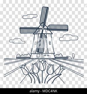 traditional Holland dutch scenery with one typical windmill and tulips, Netherlands countryside. Icon, silhouette in the linear style Stock Vector