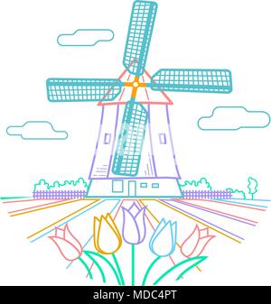 traditional Holland dutch scenery with one typical windmill and tulips, Netherlands countryside. Icon in the linear style Stock Vector