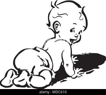 Baby In Diapers - Retro Clipart Illustration Stock Vector