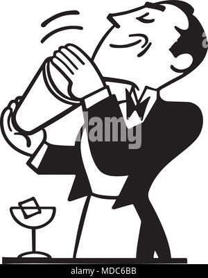 Bartender Mixing Drink - Retro Clipart Illustration Stock Vector