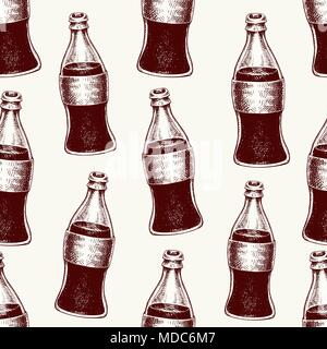 Cola in glass bottles. Seamless vector hand drawn pattern with drinks. Beverage with bubbles in vintage style. Stock Vector