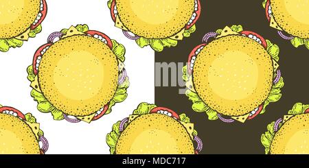 Vector seamless pattern with top view burgers on white and dark backgrounds. Hand drawn vector background. Fast food hand drawn illustration. Can be use for burger restaurant menu design. Stock Vector