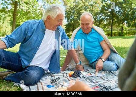 Senior Men Enjoying Games in Park Stock Photo