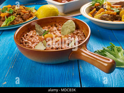 Lentil Bobotie, South African cuisine , Traditional assorted dishes, Top view. Stock Photo