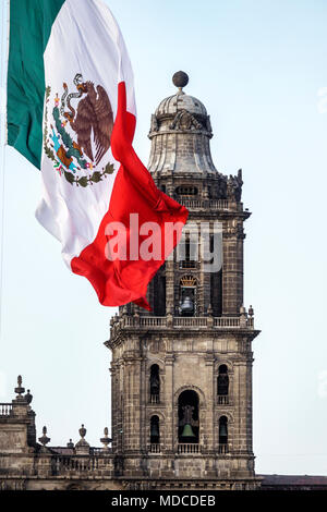 Mexico City,Mexican,Hispanic,historic Center Centre,Plaza de la Constitucion Constitution Zocalo,flag lowering ceremony,Metropolitan Cathedral,bell to Stock Photo